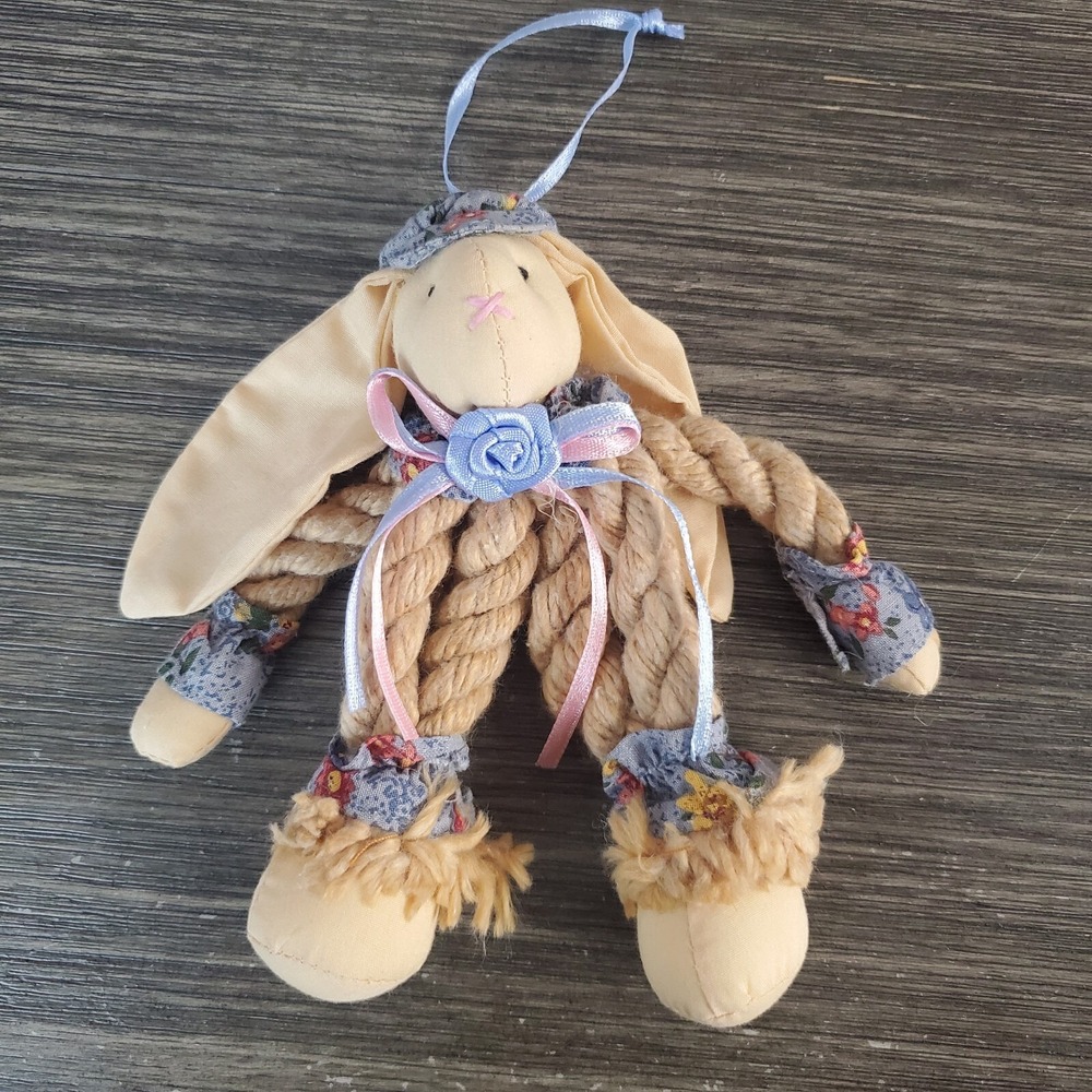 Vintage Beige Bunny Rabbit Mop Rope Ornament Country Cottage Blue Floppy‎ 5.5"
